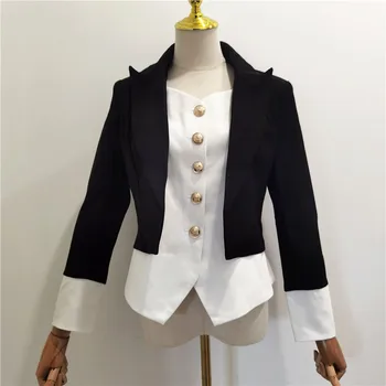 2023 אופנה חדשה כל העונה למשרד נשים שרוול מלא משולבים מתכת לחצן סלים ג ' קט קליל שחור לבן בלייזר הלבשה עליונה