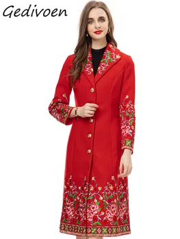 Gedivoen אופנה החורף מסלול אדום משובח תערובות נשים מעיל דש שרוול ארוך יחיד בעלות רקמה רזה זמן תערובות המעיל
