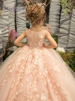 MisShow 3D רקמה פרחונית ילדה שושבינה פרח ילדה שמלת החתונה פלאפי הולדת ילד הנסיכה ערב נשף מסיבת