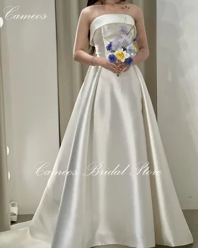 SONDR קוריאה סטרפלס פשוטה שמלת הכלה קו A-סאטן תוצרת אישית רשמית הכלה השמלה 웨딩드레스 שרוולים שמלת כלה כלה