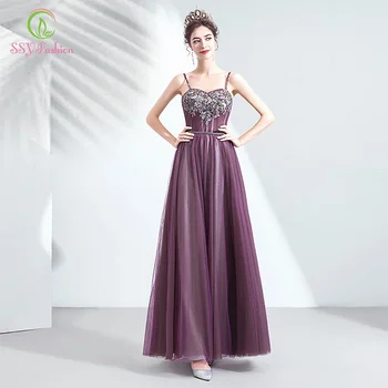 SSYFashion חדש סגול ערב שמלת נשף אלגנטית באורך רצפת פאייטים חרוזים זמן רשמי שמלת שמלות אירוע מיוחד