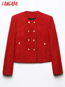 Tangada אביב נשים האדום טוויד עבה חליפה שרוול ארוך כיס נקבה יבול המעיל 6H454