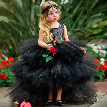 ברבור שחור ורך בשכבות פרח ילדה שמלת נסיכת כדור היופי הטקס הראשון לילדים הפתעה מתנת יום-הולדת.