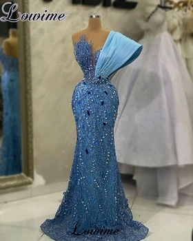המזרח התיכון הכחול חרוזים שמלות נשף יוקרתי בת ים פנינים שמלות קוקטייל טורקית Coutures Vestidos דה נוצ ' ה צד שמלות