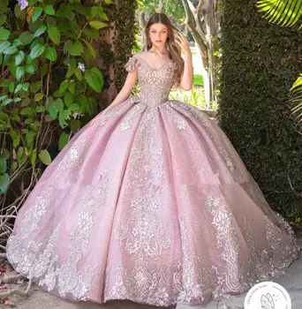 ורוד קרו הטקס שמלות שמלת נשף את הכתף טול אפליקציות מתוק מקסיקני 16 שמלות 15 Anos