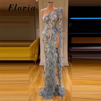 כחול חרוזים נוצות שמלות ערב אפליקציות כתף אחת שרוול ארוך חרך סלבריטאים שמלות 2021 בהזמנה אישית שמלות לנשף