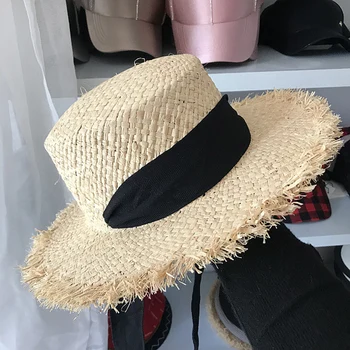 נשים לארוג רפיה שמש כובעי רחב שוליים קיץ החוף כובע שחור לבן סרט תחרה כובעי קש קנטאקי דרבי מגבעת כובעים