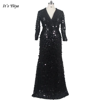 סיווג שמלת ערב וי-נק בת ים חצוצרת נשים שמלות ערב נצנצים שחורים באורך רצפת בתוספת גודל החלוק דה נשף E793