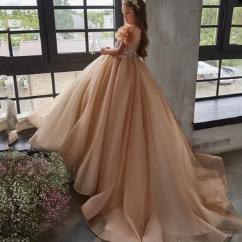 פרח ילדה שמלת חתונה טול אפליקציה חרוזים באורך רצפת נפוח הנסיכה הילדים מסיבת יום הולדת רשמית אירוע היופי, שמלת